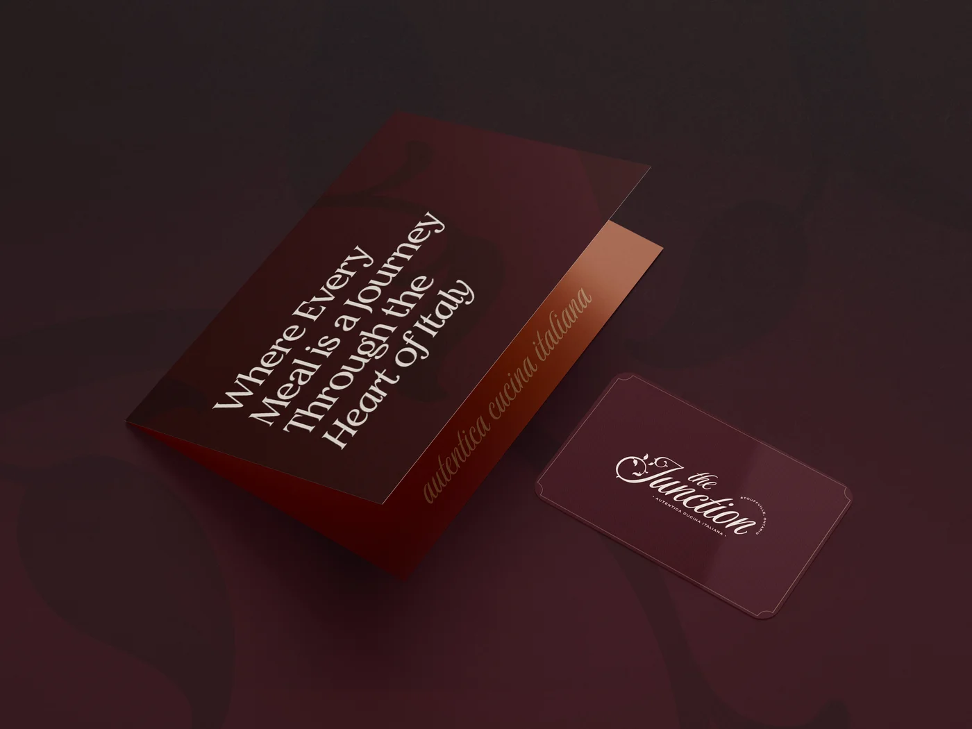 Business card and box with Italian text — The Junction Stouffville case study