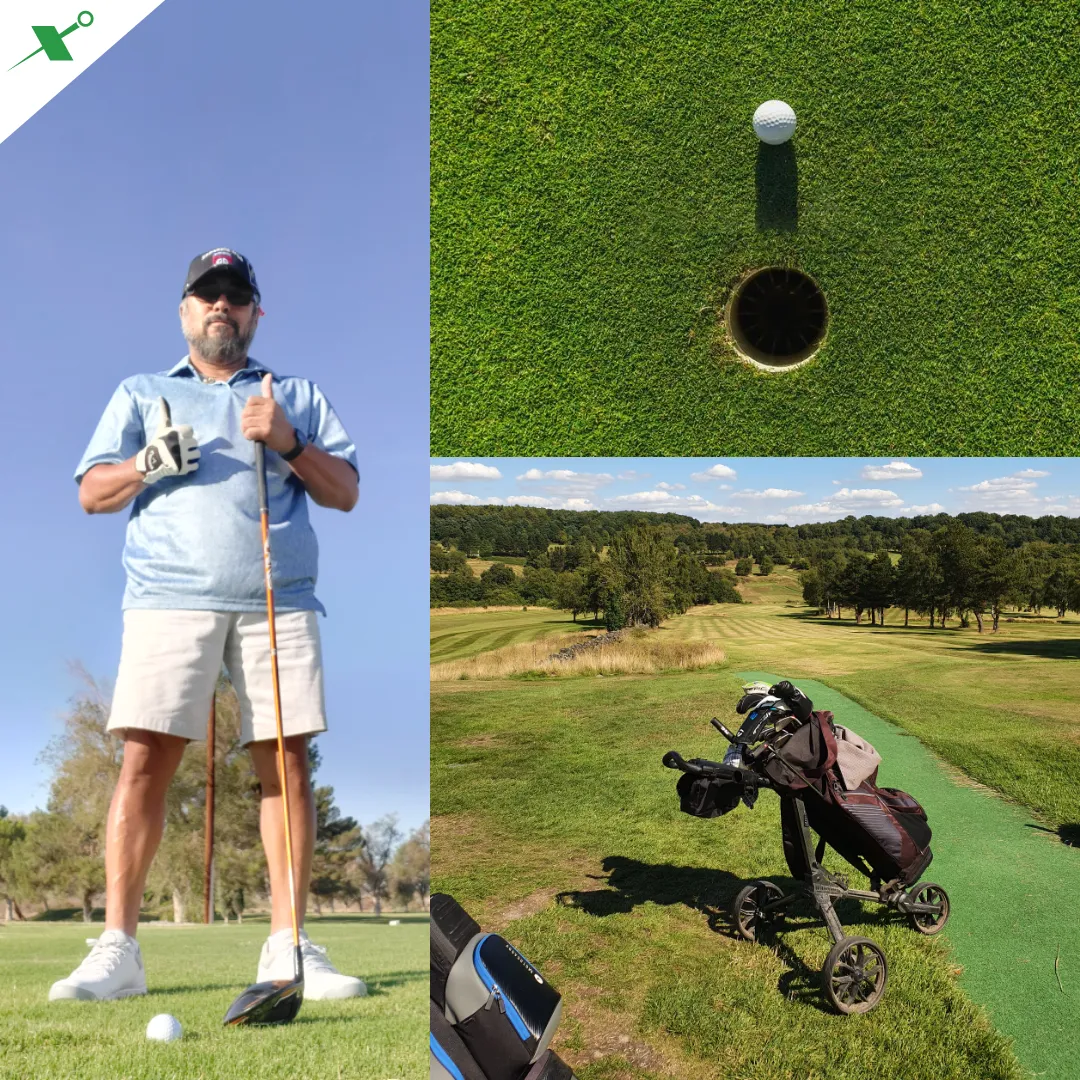 a man standing next to a golf ball near a hole