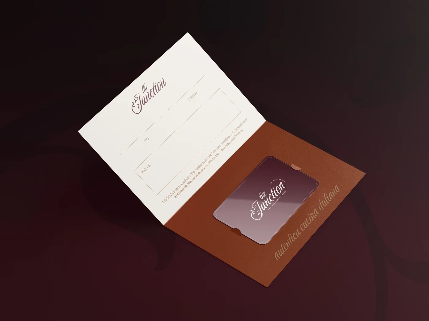 Gift card inside a folder — The Junction Stouffville case study